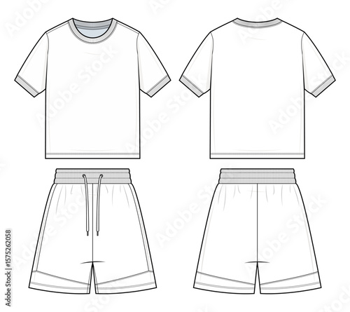 Men’s T-Shirt and Shorts Set Technical Fashion Flat. Relaxed Fit Crew Neck Tee and Drawstring Shorts Vector Template. Front and Back design. CAD Mockup Set.