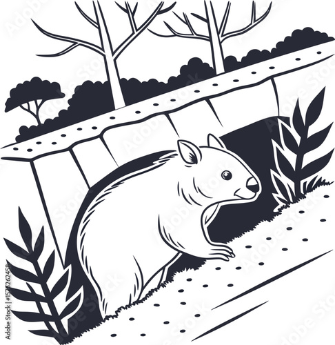 A cute wombat emerges from a burrow under a bridge surrounded by trees and foliage silhouette