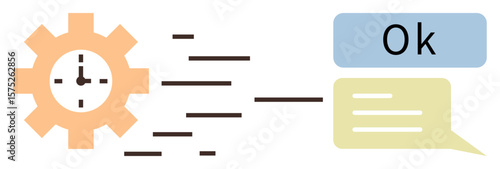 Gear with clock, dynamic lines, and chat bubbles visualizing speed, automation, and efficient communication. Ideal for time management, productivity, workflow, teamwork automation messaging simple