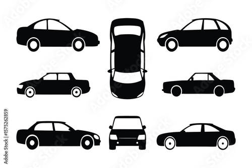 Diverse Automotive Silhouettes: A set of car silhouettes in various views, perfectly depicting different types of automobiles. A perfect illustration for automotive design and vehicle concepts.