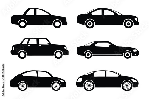 Automotive silhouettes: A collection of stylish black silhouettes showcasing various car models, capturing the essence of automotive design and vehicle aesthetics.