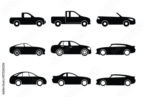 Automobile silhouettes: A collection of sleek, black silhouettes of various automobiles, perfect for illustrating transportation themes or design projects.