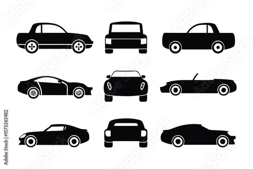 Stylish Silhouette Cars: A collection of sleek, elegant cars are featured in clean monochrome silhouettes against an uncluttered backdrop, Ideal for conveying motion, and showcasing automotive design.