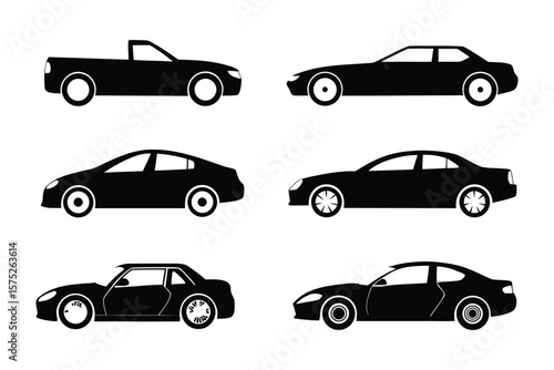 Diverse Car Silhouette Collection: A meticulously designed set of six distinct car silhouettes, each embodying different body styles and designs, ready for your creative vision.