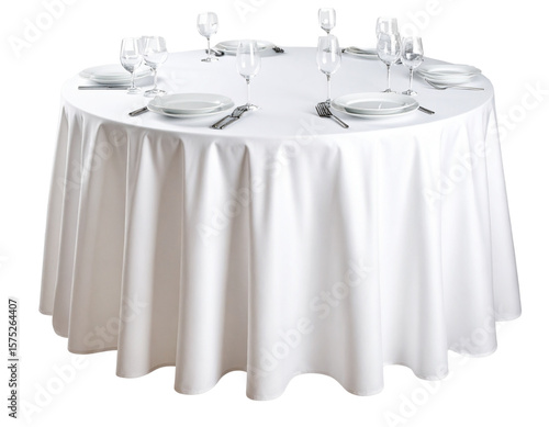  Round Table Draped with White Cloth, Isolated on Transparent Background PNG