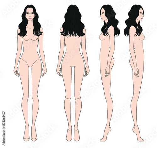 Colored fashion croquis figurines front side back view with curly long hair woman in vector.
