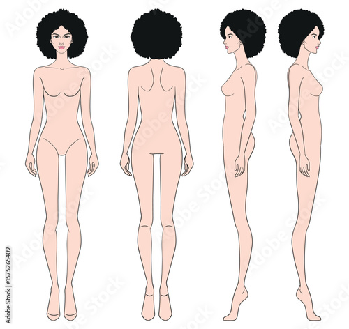 Colored fashion croquis figurines front side back view with afro hair woman in vector.