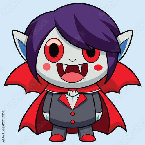Cute Cartoon Vampire Character With Red Cape And Fangs