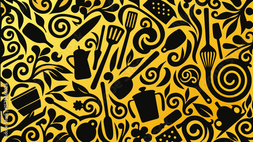 Kitchen Utensils Silhouette Vector Set – Knife, Spoon, Pan, Kettle, Whisk, Cutting Board Pattern Art
