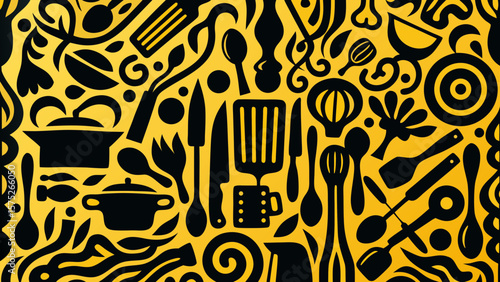 Kitchen Utensils Silhouette Vector Set – Knife, Spoon, Pan, Kettle, Whisk, Cutting Board Pattern Art