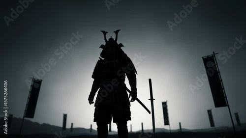 A silhouetted samurai warrior stands with his katana against a backdrop of flags and a dark sky