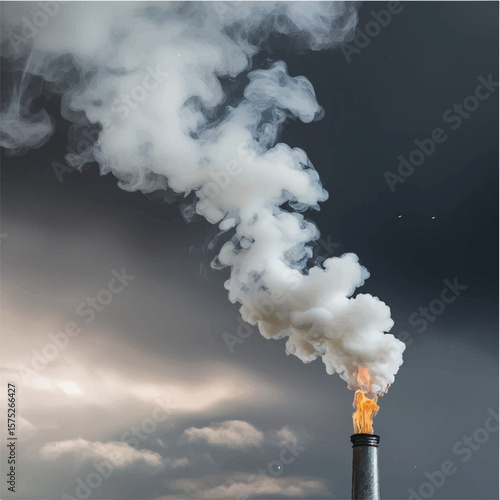 Billowing toxic smoke from a factory smokestack pollutes the blue sky, contributing to global warming and damaging the environment