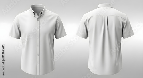 Front and back view of a plain white short-sleeved button-down shirt,  ideal for mockup or design purposes.