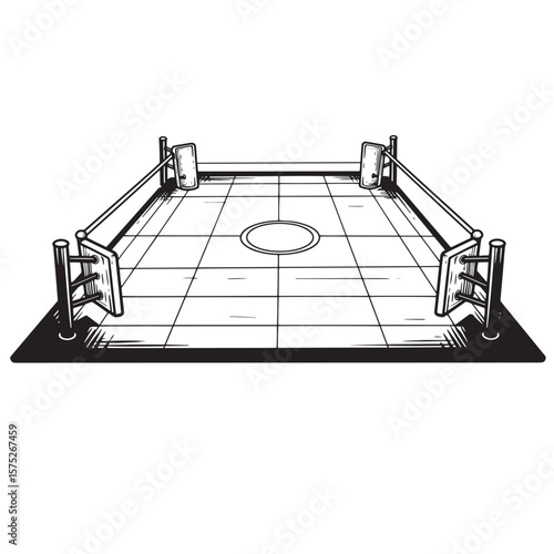 Black and white illustration of a boxing ring designed for competitive combat sports.