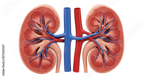 Kidney Anatomy: A detailed medical illustration showcases the intricate inner workings of a kidney. The image meticulously presents the anatomical structure