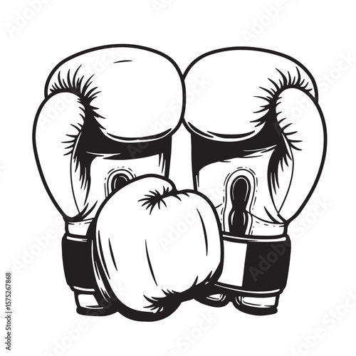 Black and white illustration of boxing gloves and a focus mitt isolated on white background