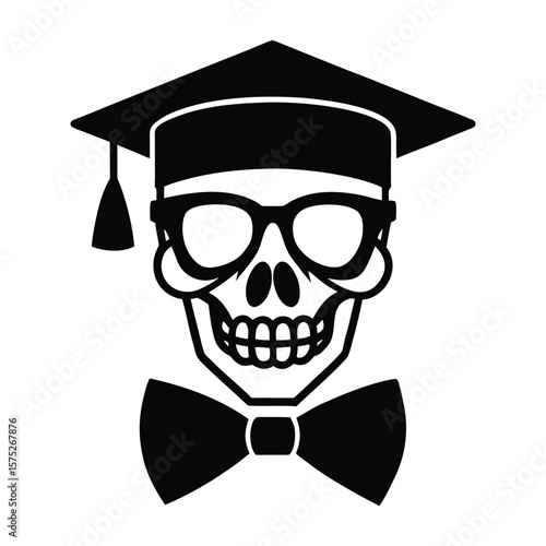 skull wearing sunglass bow tie and graduation cap.