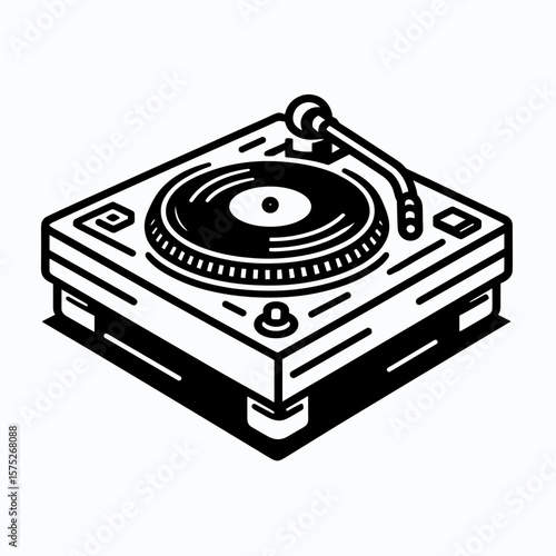 Vintage turntable with vinyl record and stylus in black design  