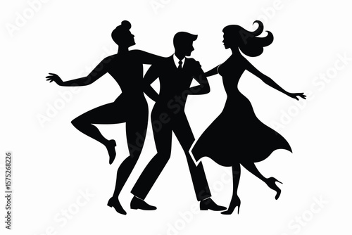 Vintage Silhouette of a Trio Dancing Retro Dance Couple Illustration