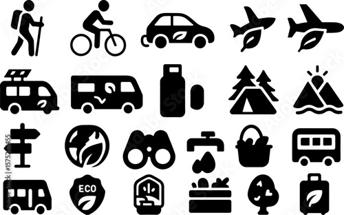 Collection of black silhouette icons representing various travel and outdoor activities including hiking cycling cars airplanes camping and eco friendly transportation options