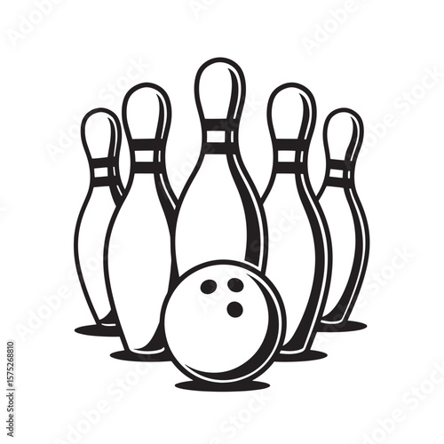 Classic black and white illustration of bowling pins and ball ready to strike