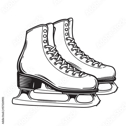 Classic black and white illustration of two ice skates ready for winter activities