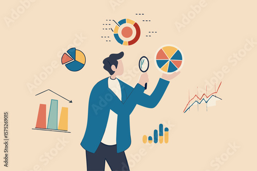 Data analysis chart and report, financial research or analyze information for marketing insight, analytics or optimization diagram, smart information, businessman analyze data with magnifying glass.
