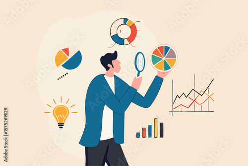 Data analysis chart and report, financial research or analyze information for marketing insight, analytics or optimization diagram, smart information, businessman analyze data with magnifying glass.