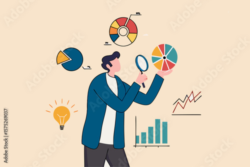 Data analysis chart and report, financial research or analyze information for marketing insight, analytics or optimization diagram, smart information, businessman analyze data with magnifying glass.