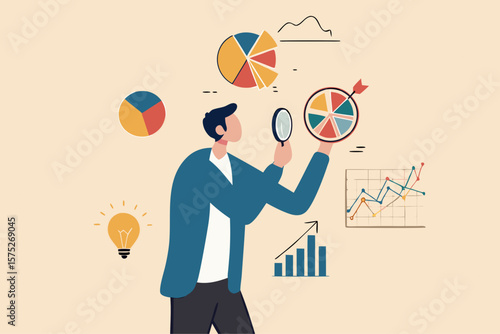 Data analysis chart and report, financial research or analyze information for marketing insight, analytics or optimization diagram, smart information, businessman analyze data with magnifying glass.