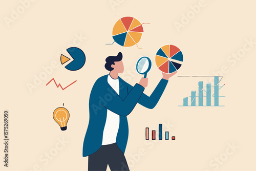 Data analysis chart and report, financial research or analyze information for marketing insight, analytics or optimization diagram, smart information, businessman analyze data with magnifying glass.