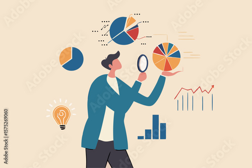 Data analysis chart and report, financial research or analyze information for marketing insight, analytics or optimization diagram, smart information, businessman analyze data with magnifying glass.
