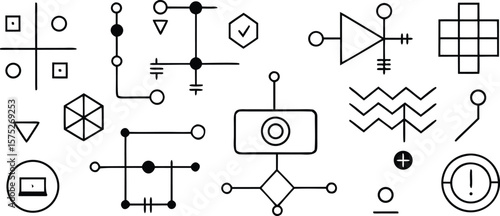 Vector art of a collection of various electronic circuit diagram symbols and components.