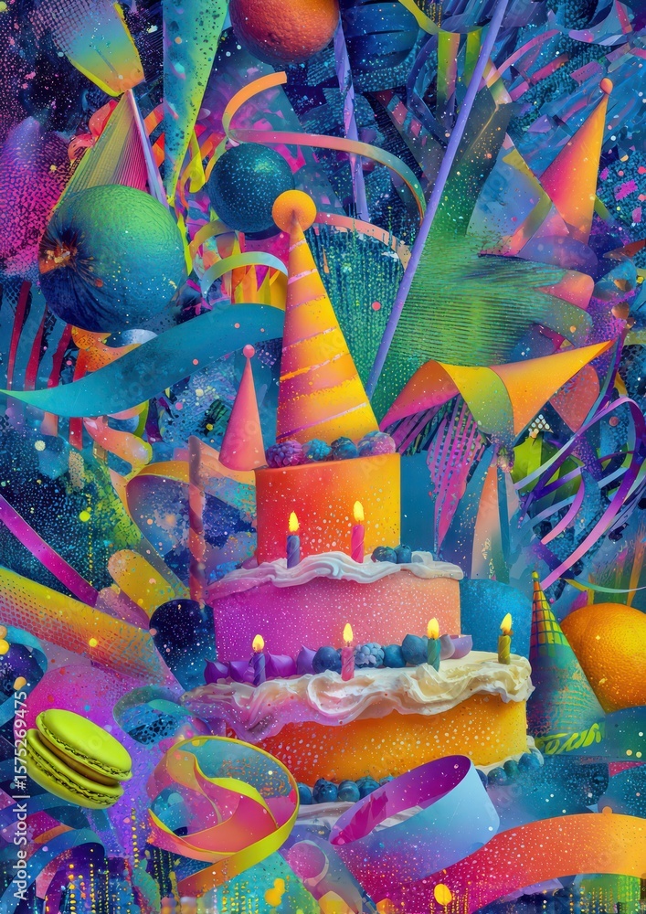 Fototapeta premium Vibrant celebratory confection with decorative elements suggesting a festive occasion of joy and