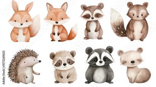 Watercolor illustration of woodland animals foxes, raccoons, hedgehog, & a small bear
