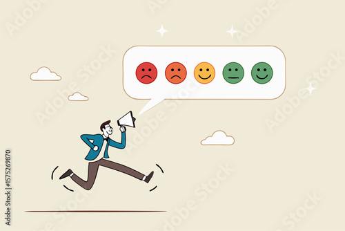 Customer satisfaction survey, service quality feedback, rating or opinion, user experience emoticon, angry or smile face review, client questionnaire concept, man shouting with satisfaction emoticon.