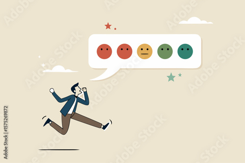 Customer satisfaction survey, service quality feedback, rating or opinion, user experience emoticon, angry or smile face review, client questionnaire concept, man shouting with satisfaction emoticon.