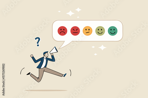 Customer satisfaction survey, service quality feedback, rating or opinion, user experience emoticon, angry or smile face review, client questionnaire concept, man shouting with satisfaction emoticon.