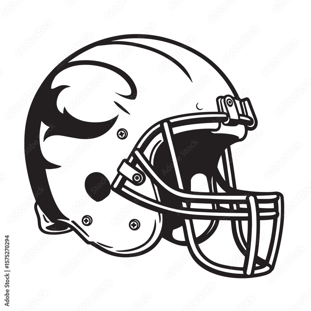 Fototapeta premium Detailed black and white illustration of an american football helmet with bold outline and design