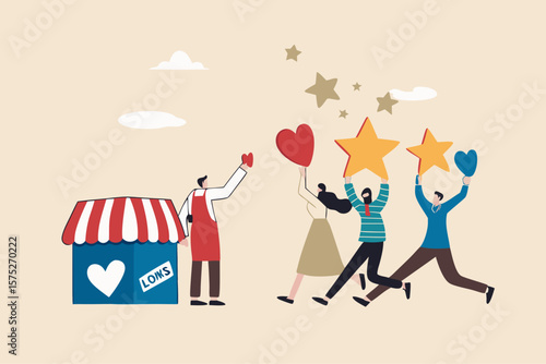 Customer loyalty or retention, marketing strategy for return customer, CRM to increase sale and satisfaction concept, store owner with megaphone tell loyalty customers with brand positive feedback.