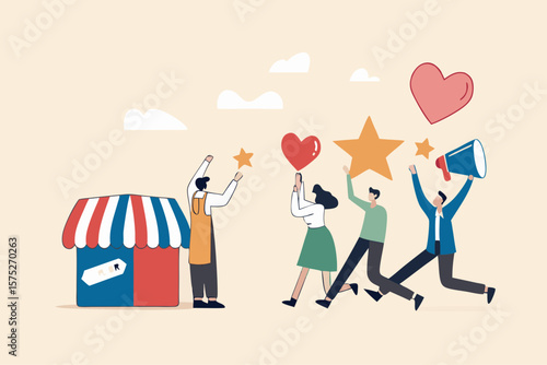 Customer loyalty or retention, marketing strategy for return customer, CRM to increase sale and satisfaction concept, store owner with megaphone tell loyalty customers with brand positive feedback.