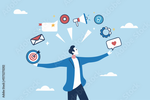 Marketing manager, online advertising, social media content or promotion campaign, customer or consumer target audience, branding communication concept, businessman holding viral marketing elements.