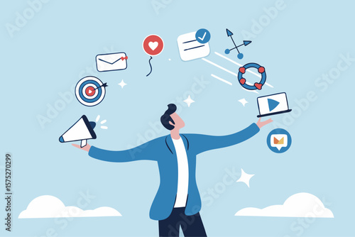 Marketing manager, online advertising, social media content or promotion campaign, customer or consumer target audience, branding communication concept, businessman holding viral marketing elements.