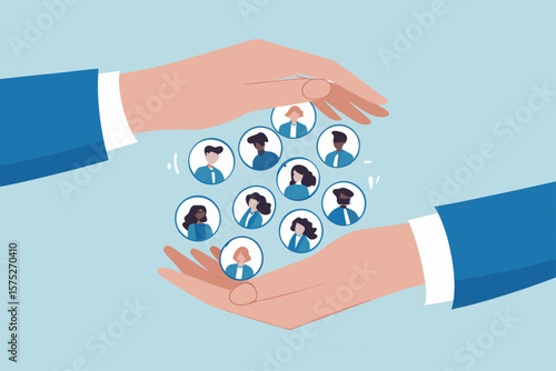 Customer retention, marketing strategy for customer loyalty, employee engagement, recruitment or human resource hiring, consumer care or benefit concept, businessman hand holding customer with care.