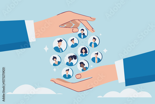 Customer retention, marketing strategy for customer loyalty, employee engagement, recruitment or human resource hiring, consumer care or benefit concept, businessman hand holding customer with care.