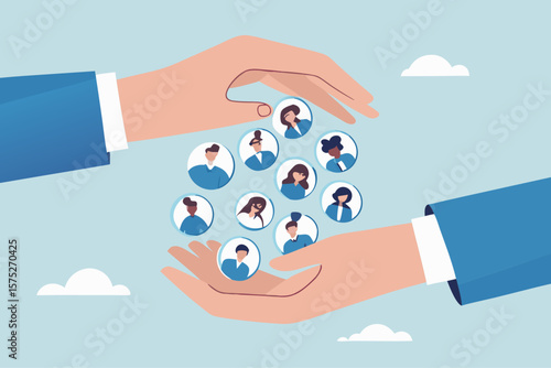 Customer retention, marketing strategy for customer loyalty, employee engagement, recruitment or human resource hiring, consumer care or benefit concept, businessman hand holding customer with care.