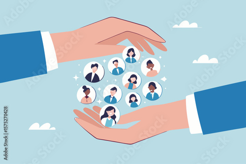 Customer retention, marketing strategy for customer loyalty, employee engagement, recruitment or human resource hiring, consumer care or benefit concept, businessman hand holding customer with care.