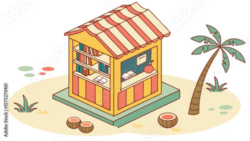 Illustration of a beachside book stand with books palm tree and coconuts on a sandy surface scene