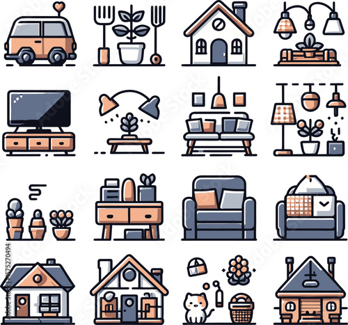 real estate icons set furniture