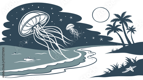 Illustration of jellyfish floating over a tropical beach with palm trees and a boat under a starry sky